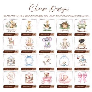 May include: A selection of baby-themed designs, each in a small square frame. The designs include animals, carousel horses, and a pink bow. Text includes names like Sophia, Alexander, and Patrick, and phrases like "Welcome Baby".