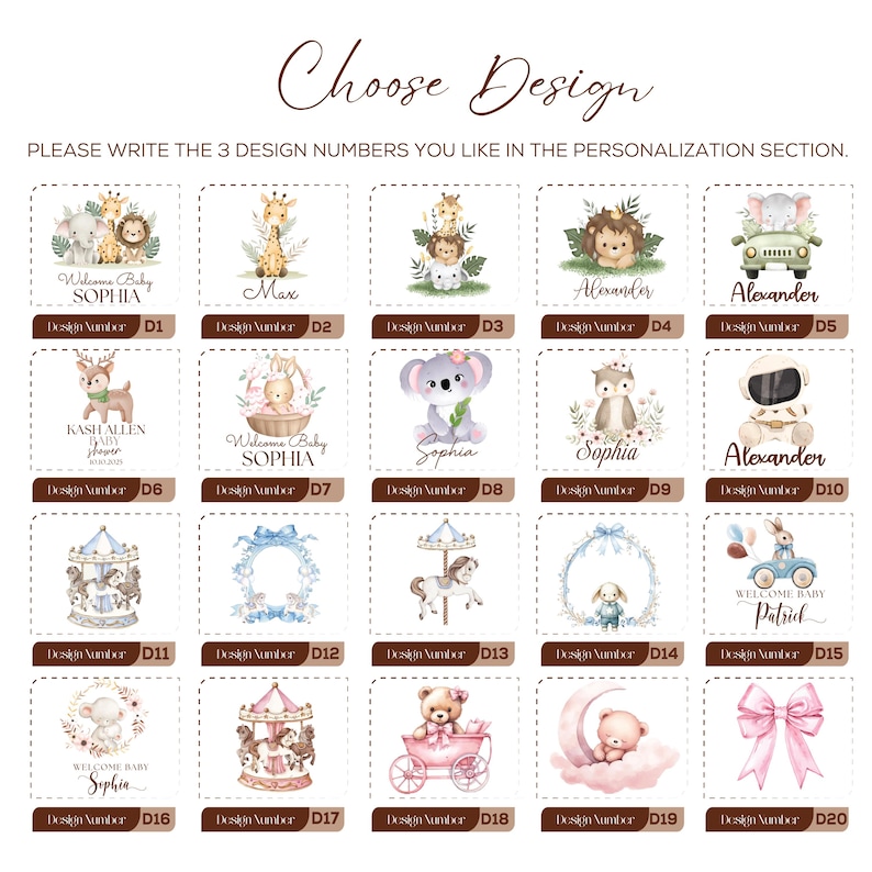 May include: A selection of baby-themed designs, each in a small square frame. The designs include animals, carousel horses, and a pink bow. Text includes names like Sophia, Alexander, and Patrick, and phrases like "Welcome Baby".