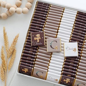 May include: A box of chocolates with a variety of colors and designs. Some chocolates have a teddy bear illustration and the name "Charlie". The chocolates are arranged in rows and columns, with a mix of brown, tan, and white wrappers.
