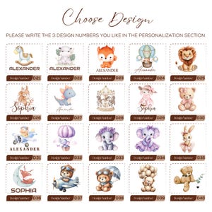 May include: A selection of 40 baby-themed designs, each in a small square, featuring animals, toys, and whimsical illustrations. The designs include a rocking horse, fox, hot air balloon, lion, and teddy bear. The text "Choose Design" is at the top.
