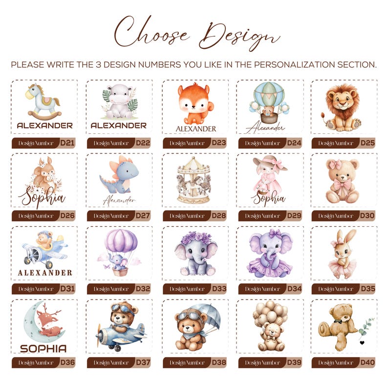 May include: A selection of 40 baby-themed designs, each in a small square, featuring animals, toys, and whimsical illustrations. The designs include a rocking horse, fox, hot air balloon, lion, and teddy bear. The text "Choose Design" is at the top.
