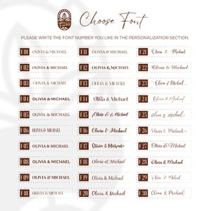 Pu&ograve; includere: Una tabella di selezione dei caratteri con trenta stili distinti etichettati da F01 a F30, ognuno dei quali mostra i nomi Olivia & Michael in testo marrone scuro. L'intestazione recita Choose Font e include istruzioni per scrivere il numero del carattere.