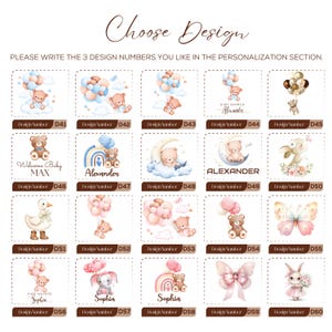 May include: A selection of baby shower design options featuring watercolor illustrations of teddy bears, balloons, rainbows, and other baby-themed graphics. Each design is labeled with a design number for personalization.