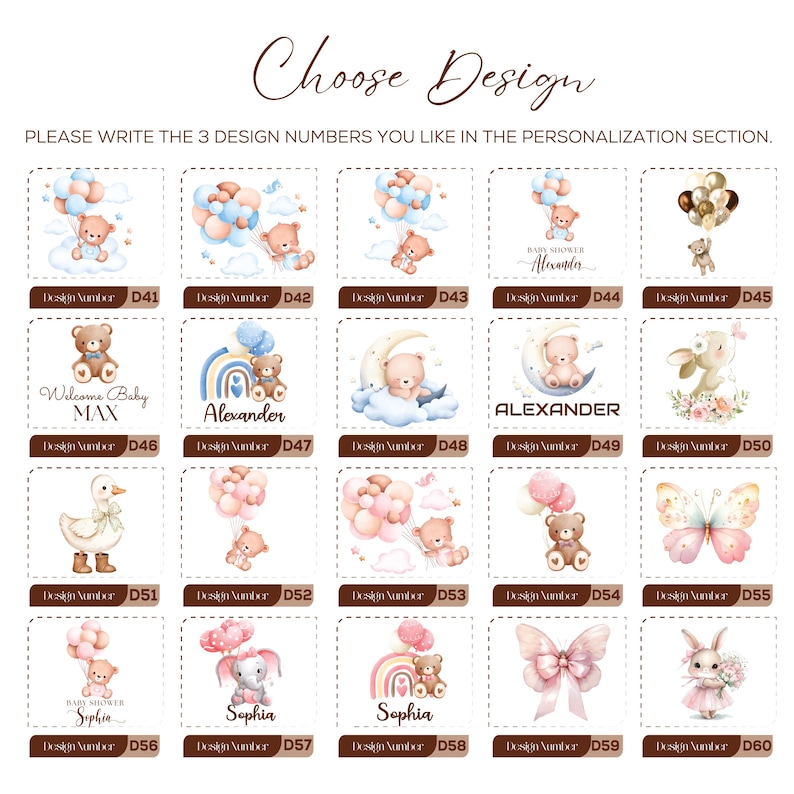 May include: A selection of baby shower design options featuring watercolor illustrations of teddy bears, balloons, rainbows, and other baby-themed graphics. Each design is labeled with a design number for personalization.