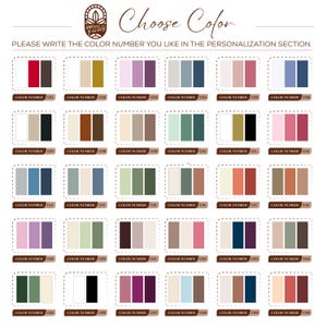 Pu&ograve; includere: Una tabella di selezione colori con trenta set distinti di tre campioni di colore, ciascuno etichettato con un numero di colore univoco da C01 a C30. L'intestazione mostra il testo Choose Color e PLEASE WRITE THE COLOR NUMBER YOU LIKE IN THE PERSONALIZATION SECTION.