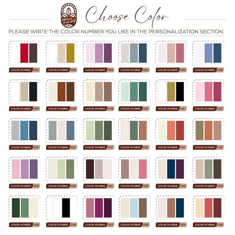 Pu&ograve; includere: Una tabella di selezione colori con trenta set distinti di tre campioni di colore, ciascuno etichettato con un numero di colore univoco da C01 a C30. L'intestazione mostra il testo Choose Color e PLEASE WRITE THE COLOR NUMBER YOU LIKE IN THE PERSONALIZATION SECTION.