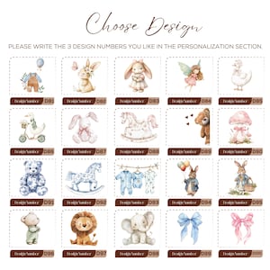 May include: A selection of watercolor designs featuring baby-themed illustrations. Designs include animals like bunnies, bears, and elephants, along with bows, a fairy, and baby clothes. Text reads "Choose Design".