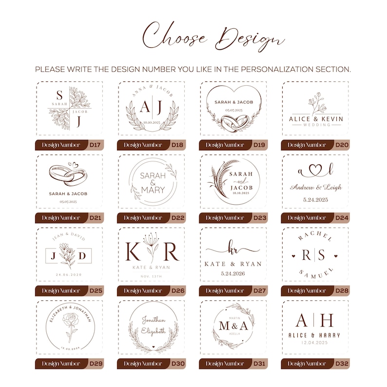 Pu&ograve; includere: Una griglia di sedici distinti loghi circolari e rettangolari in inchiostro marrone scuro su sfondo bianco. Ogni design presenta nomi, date e illustrazioni botaniche o di anelli, etichettati con numeri di design da D17 a D32.