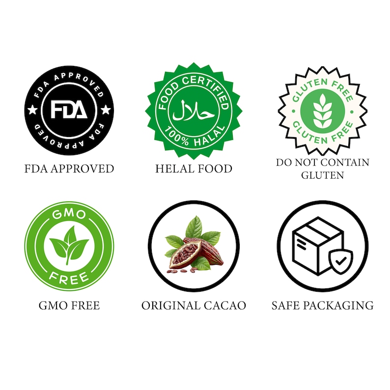 May include: A collection of six circular product labels with text and graphics. The labels include "FDA APPROVED", "HELAL FOOD", "DO NOT CONTAIN GLUTEN", "GMO FREE", "ORIGINAL CACAO", and "SAFE PACKAGING". The labels are in black and white or green and white.