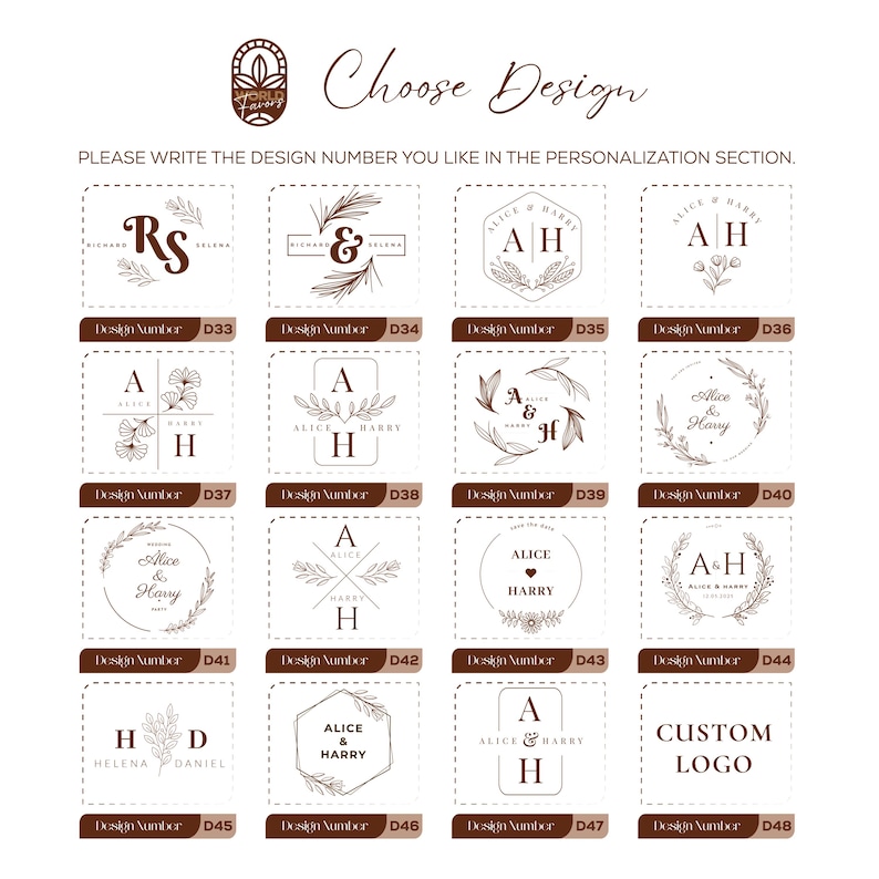 Pu&ograve; includere: Una griglia di sedici loghi per matrimoni in inchiostro marrone su sfondo bianco, etichettati da D33 a D48. Ogni design presenta iniziali, nomi e illustrazioni botaniche. Il testo recita Choose Design e PLEASE WRITE THE DESIGN NUMBER.