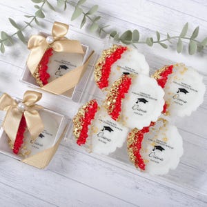 May include: Clear boxes with gold ribbon and a pearl accent hold white, scalloped-edge treats with red and gold accents. Each treat has text that reads "Thank you for celebrating with me" and "Diana 05.05.2025".