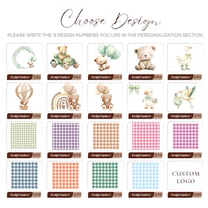 May include: A design selection guide featuring various illustrations and patterns. The image includes options like teddy bears, hot air balloons, and gingham patterns, each labeled with a design number. The text "Choose Design" is at the top, with instructions below.
