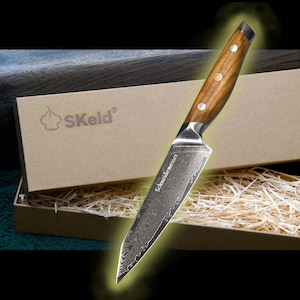 Damast Allzweckmesser mit Olivenholzgriff | VG10 Küchenmesser 12,5 cm | 67 Lagen Damaststahl | Utility Knife | SKeld® - Schneidemesser