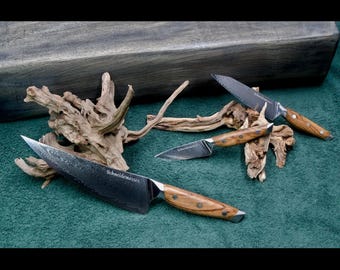 SKeld® 3PCS Damascus Knife Set VG10 – Chef's knife, Utility & Paring Knife – Olive Wood Handle – Ultra Sharp – Chef Kitchen Gift