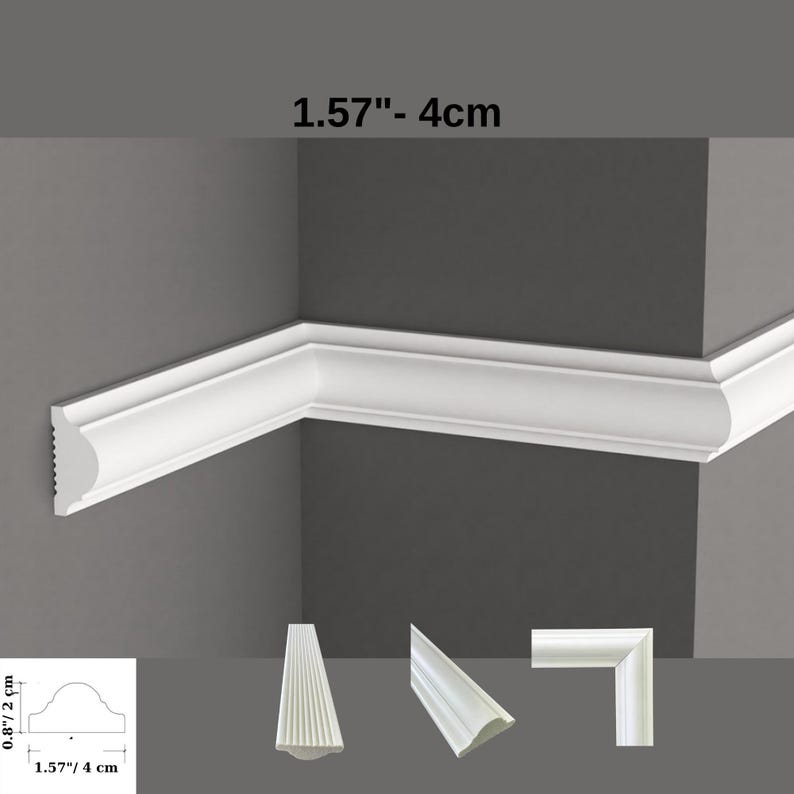 Pode incluir: Uma moldura decorativa branca para parede com perfil curvo. A moldura mede 4 cm de largura e 2 cm de altura. A imagem mostra a moldura instalada num canto, juntamente com vistas da sec&ccedil;&atilde;o transversal e do canto.