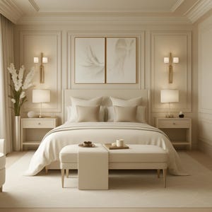 May include: A bedroom featuring a central bed with beige bedding, two matching nightstands with lamps, and wall-mounted sconces. A long upholstered bench sits at the foot of the bed, and two framed abstract art pieces hang above the headboard.