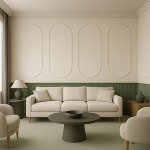 Op de afbeelding: Een moderne woonkamer met een crèmekleurige bank, twee fauteuils en een ronde salontafel. De kamer heeft een groen en crèmekleurig kleurenschema, met een decoratieve muur en een tafellamp.