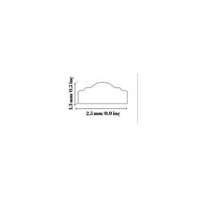 Pode incluir: Um desenho de linhas a preto e branco de um perfil de moldura decorativa. O diagrama inclui dimens&otilde;es rotuladas como 1,3 mm/0,5 polegadas para a altura e 2,5 mm/0,9 polegadas para a largura, indicando o tamanho da sec&ccedil;&atilde;o transversal.
