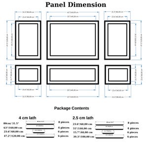May include: A technical diagram titled Panel Dimension and Package Contents showing six rectangular frames in two rows. The layout includes measurements in inches and centimeters for each frame, alongside a list of lath pieces in 4 cm and 2.5 cm sizes.