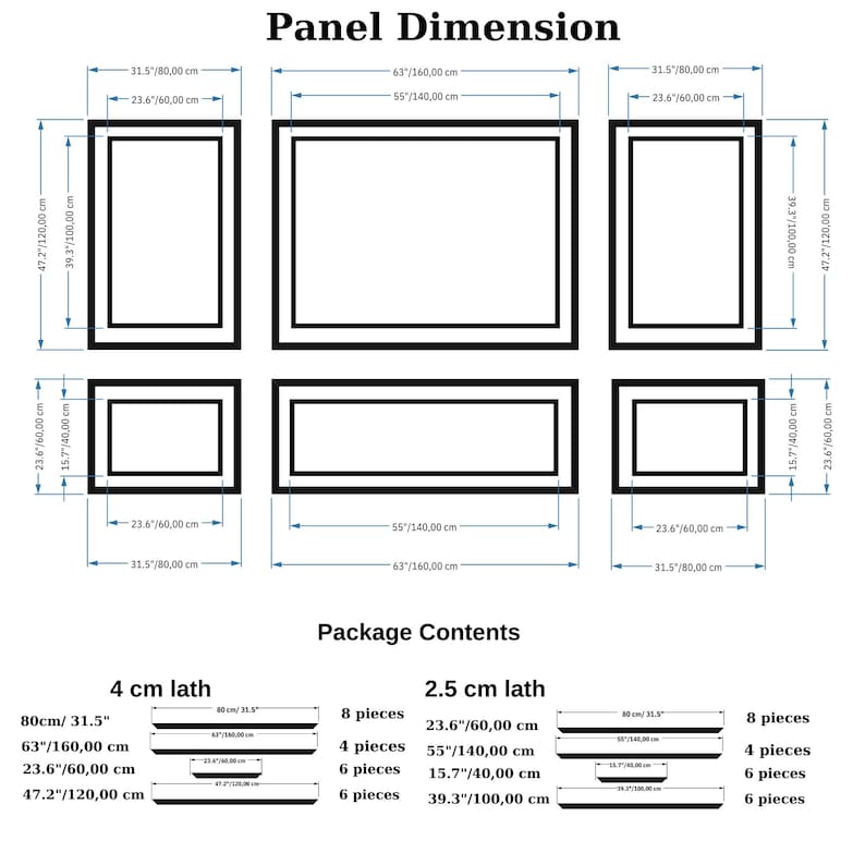 May include: A technical diagram titled Panel Dimension and Package Contents showing six rectangular frames in two rows. The layout includes measurements in inches and centimeters for each frame, alongside a list of lath pieces in 4 cm and 2.5 cm sizes.