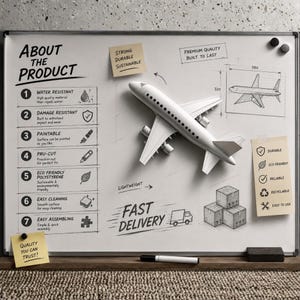 Pode incluir: Um quadro branco magn&eacute;tico com uma lista intitulada About the Product com sete pontos numerados, um modelo 3D de um avi&atilde;o branco, esbo&ccedil;os t&eacute;cnicos e notas adesivas com texto incluindo Strong Durable Sustainable e Quality You Can Trust.