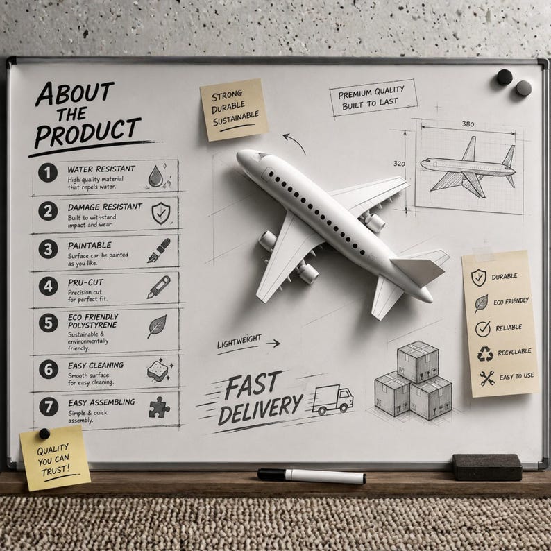 Pode incluir: Um quadro branco magn&eacute;tico com uma lista intitulada About the Product com sete pontos numerados, um modelo 3D de um avi&atilde;o branco, esbo&ccedil;os t&eacute;cnicos e notas adesivas com texto incluindo Strong Durable Sustainable e Quality You Can Trust.