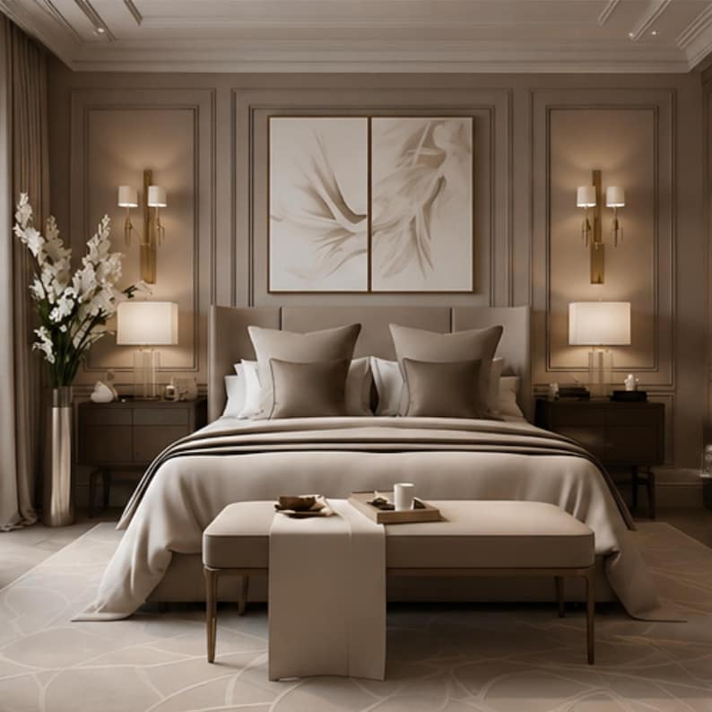 May include: A bedroom featuring a large bed with beige bedding, two dark wood nightstands with lamps, and wall sconces. A long bench sits at the foot of the bed, and a tall silver vase with white flowers stands to the left. Two framed abstract art pieces hang above the headboard.