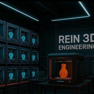Könnte beinhalten: Ein dunkler Raum mit mehreren 3D-Druckern und einem Schild mit der Aufschrift "REIN 3D ENGINEERING". Die Drucker drucken orange Vasen. Der Raum hat eine futuristische, technologische Ästhetik.