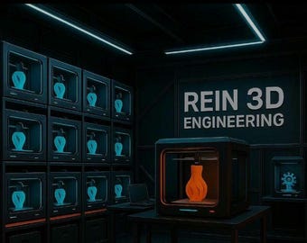 May include: A dimly lit room featuring multiple 3D printers, each producing a vase. The sign above reads "REIN 3D ENGINEERING." The scene has a futuristic, technological aesthetic, with neon lighting.