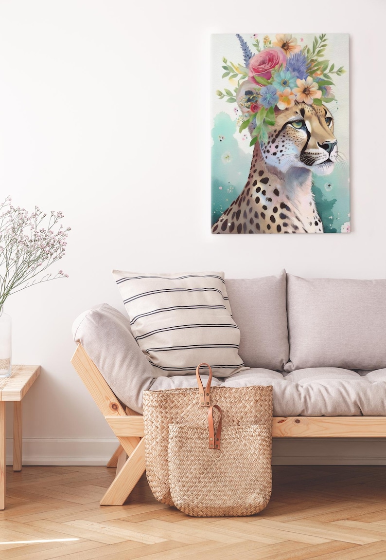 Cheetah, Watercolor, Flower Crown, Wall Art, Maximalist, Animal Print ...