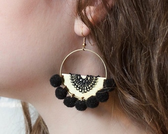 Pom pom earrings black pompom earrings - POPPY - Light weight brass lace & pompom statement earrings handmade boho ethnic bold hoop earrings