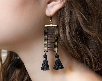 Black tassel earrings - OPIUM - Black lace, vintage tassels & raw brass statement earrings. Boho chic Edie Bauhaus geometric Bali ethnic.