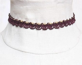 Lace choker necklace - TAIMA - Dainty choker in black, burgundy, teal, mustard, terracotta, desert rose or white lace with gold Boho for her