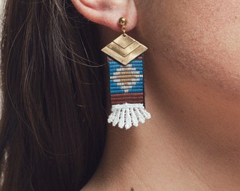 Lace earrings - OAXACA - White lace with brass & blue Navajo woven fabric lightweight earrings with boho southwestern Mexican style. Macrame