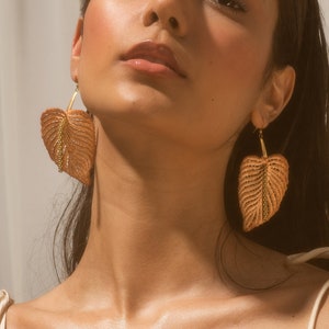 Statement earrings -ANTHURIUM- Large unusual bold lace earring dangling floral flower botanical peace lily peach chunky ethical jewelry boho