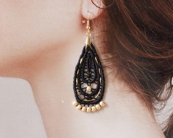 Lace earrings - CAVATINA - Black lace statement earrings Gold & Black Teardrop earrings Bold boho Frida earrings Vintage style gypsy clip-on