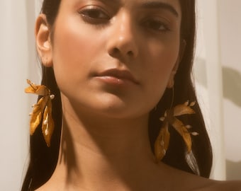 STRELITZIA vintage lace floral earrings. Bold statement earrings shaped as large tropical spiky bird of paradise flowers.