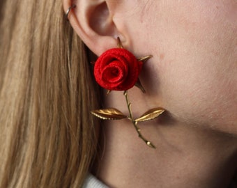 Lace flower earrings -LA ROSE earrings- Floral statement earring, hand dyed vintage lace & brass fiber art, contemporary roses bold earrings