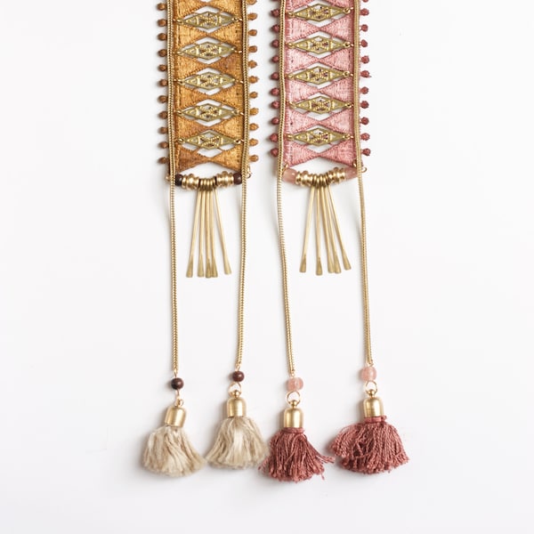 Lace & tassel statement necklace - CACTUS - Black lace, burgundy, desert rose, teal or mustard boho India style necklace. Vintage textile