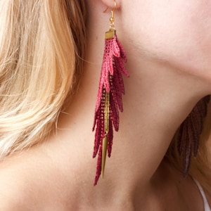Beige lace statement earrings - PARROT - Bold feather earrings crochet, tatting, macrame fabric earrings gold vintage chain large long boho