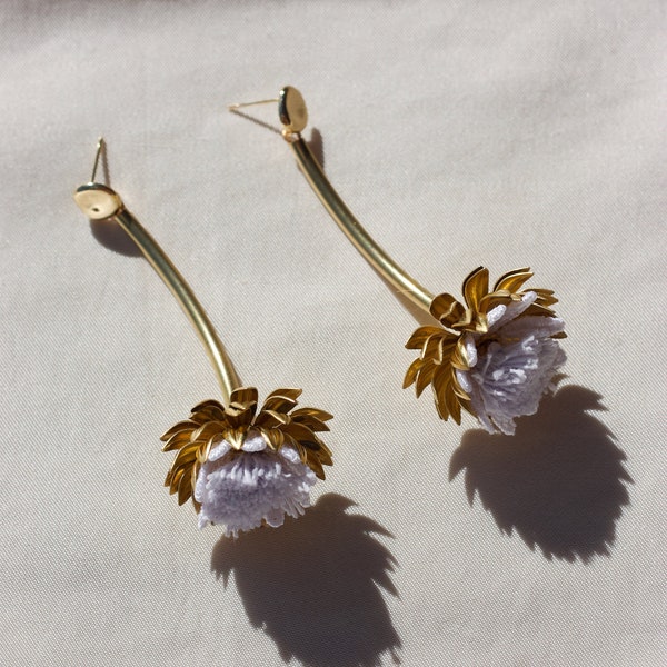 Thistle flower statement earrings -CYNARA EARRINGS- Hand dyed vintage lace & fringe long botanical protea lotus floral design chunky earring