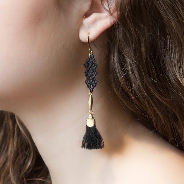 Lace earrings - CRISSCROSS - Black lace with fringe tassel long dangle earrings boho & tribal handmade jewelry