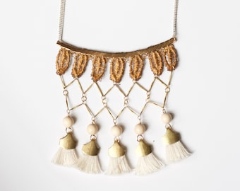 Tassel fringe necklace - CALI - Vintage lace necklace with brass chains exotic beads and fringe tassels statement and boho necklace surf