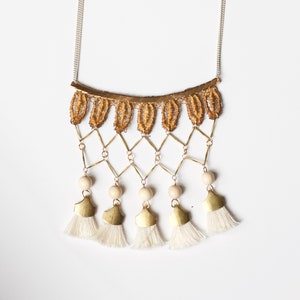 Tassel fringe necklace CALI Vintage lace necklace with brass chains exotic beads and fringe tassels statement and boho necklace surf Mustard & cream