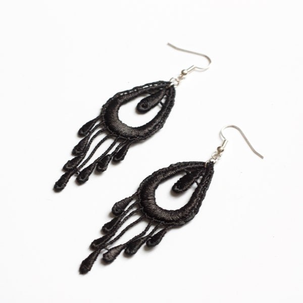 Lace earrings - PEACOCK SINGLE FEATHER - Feather shaped earrings lightweight & classic dangle. Crochet, macrame or tatting jewelry style.