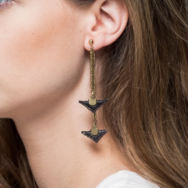Front back earrings - VECTORS - Statement earrings black triangular lace with vintage brass chain geometric earrings arrow shaped jewelry
