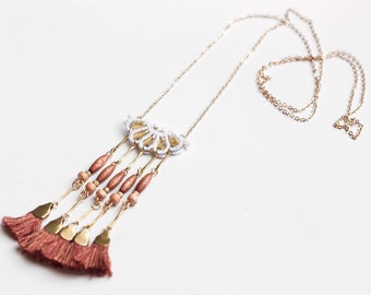 Long fringe necklace - OCOTILLO NECKLACE - White lace & handmade terracotta tassels with beads. 70s necklace for bohemian festival goers.