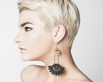 Boucles D'oreilles Dentelle Noire & Perle Nacrée - Style Gothique Lolita - Fait Main En France