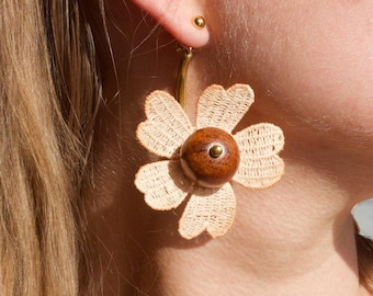 Antique lace & wood flower earrings -SUMMER OF LOVE- Bold dangle statement earrings reminiscent of 1960's florals. Retro vintage aesthetic
