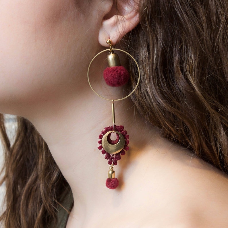 Pompom earrings ARTILLERY asymmetrical, mismatched earrings boho black, white, olive khaki, raspberry red pom pom & lace statement earring Raspberry red